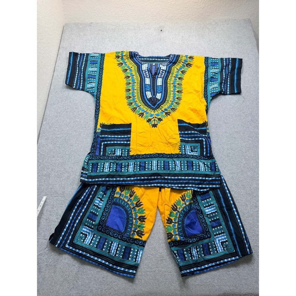 Mens Yellow Dashiki 2 Piece Set African Print Tunic Top and Shorts D-5-4(4447)